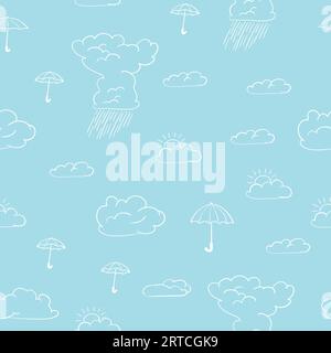 Motivo vettoriale senza cuciture con ombrelli semplici disegnati a mano e nuvole in stile line art bianco su sfondo blu, tema meteo Illustrazione Vettoriale