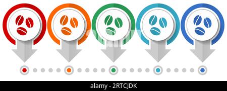 Chicchi di caffè, set di icone vettoriali per caffè, modello infografico di design piatto, impostazione di icone per il concetto di puntatore in 5 opzioni di colore per la progettazione Web e l'applicazione mobile Illustrazione Vettoriale