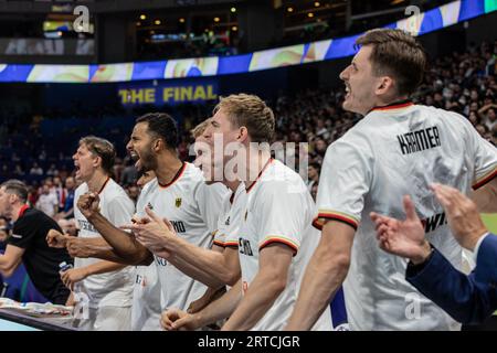 Manila, Filippine. 10 settembre 2023. La Germania è stata vista in azione durante le finali della Coppa del mondo di pallacanestro FIBA 2023 tra Serbia e Germania al Mall of Asia Arena-Manila. Punteggio finale: Germania 83:77 Serbia. (Foto di Nicholas Muller/SOPA Images/Sipa USA) credito: SIPA USA/Alamy Live News Foto Stock