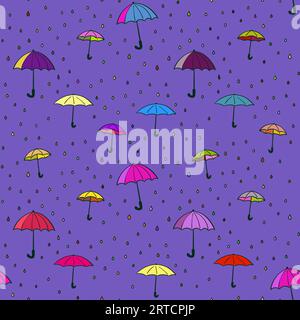 Sfondo senza cuciture di ombrelli colorati e gocce di pioggia, concetto di pioggia Illustrazione Vettoriale