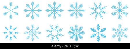 Imposta le icone blu del fiocco di neve. Simboli invernali. Illustrazione vettoriale isolata su sfondo bianco Illustrazione Vettoriale