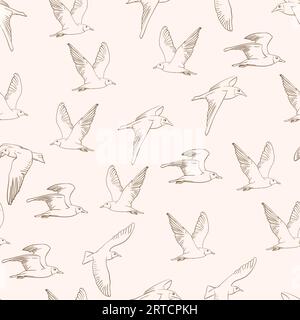 Motivo vettoriale senza cuciture con gabbiani disegnati a mano volanti Illustrazione Vettoriale