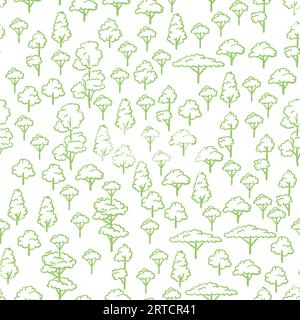 Motivo vettoriale senza interruzioni con alberi semplici disegnati a mano di colore verde su sfondo bianco Illustrazione Vettoriale