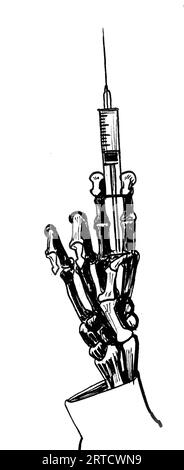 Mano scheletrica con siringa. Schizzo in bianco e nero con inchiostro disegnato a mano Foto Stock