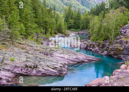 Rapide e rocce sull'Avalanche Creek nel Glacier National Park in Montana. Foto Stock