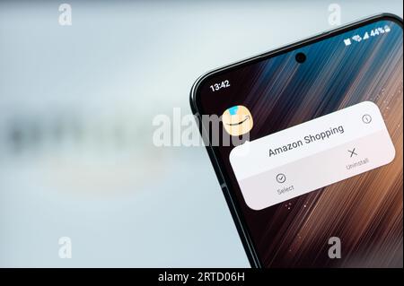 New York, USA - 20 agosto 2023: Opzioni dell'app Amazon Shopping sullo schermo dello smartphone primo piano con sfondo del logo sfocato Foto Stock
