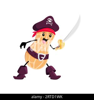 Cartoni animati, pirata di cipode di arachidi e personaggio corsaro. Divertente dado da saccheggio vettoriale isolato con sciabola che indossa il costume di buccaneer cappello tricorn, bandana, cintura e. Illustrazione Vettoriale