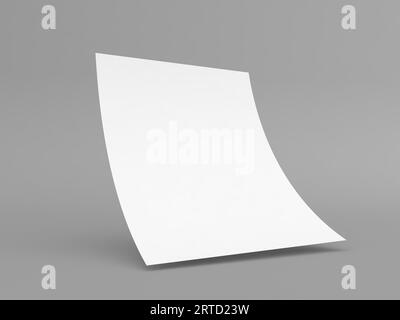 Foglio curvo di carta A4 su sfondo grigio. illustrazione del rendering 3d. Foto Stock