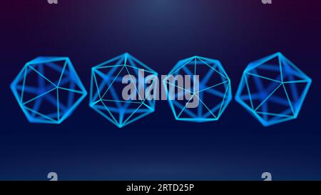4 icosaedroni con bordi da angoli di visione diversi. Profondità di campo. Visualizzazione di gemme o forme geometriche Illustrazione Vettoriale