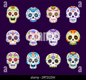 Dia De Los Muertos giorno della morte delle vacanze messicane, calavera, teschi di zucchero, set vettoriale di cartoni animati. Cranium calaca decorati con motivi floreali. Me tradizionale Illustrazione Vettoriale