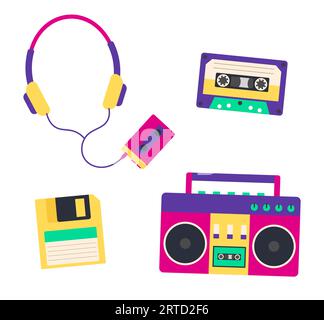 Elementi musicali degli anni '90. Insieme di oggetti isolati. Illustrazione di Vector Flat Illustrazione Vettoriale