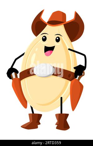 Cowboy dei semi di zucca dei cartoni animati o personaggio di bandito. Il divertente ranger di grano vegetale vettoriale indossa cappello e cintura con pistole. Wild West Hero, menu bambini salutare V Illustrazione Vettoriale