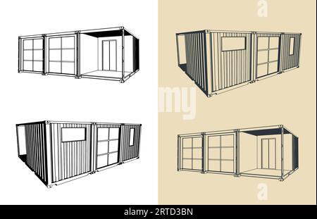 Illustrazioni vettoriali stilizzate della casa container modulare Illustrazione Vettoriale