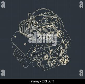 Illustrazione vettoriale stilizzata del progetto di un potente motore a V turbocompresso Illustrazione Vettoriale