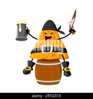 Cartoni animati, fast food, nacho chip, pirata e personaggio corsaro. Snack di cucina messicana, mascotte infantile, nacho pirata isolato con personalità vettoriale Illustrazione Vettoriale