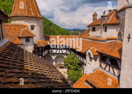 Una pittoresca scena architettonica con un edificio coperto di tegole rosse: All'interno del castello di Dracula a Bran, Romania Foto Stock