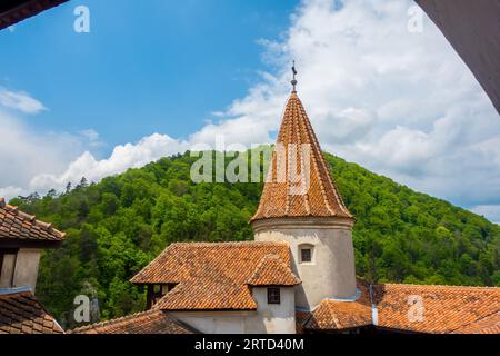 Una pittoresca scena architettonica con un edificio coperto di tegole rosse: All'interno del castello di Dracula a Bran, Romania Foto Stock