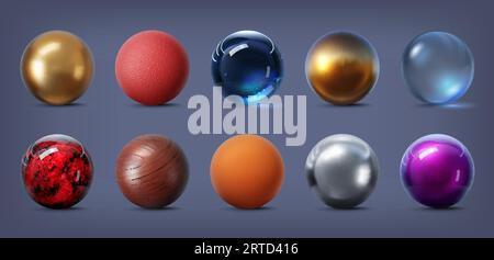 sfere trame 3d. Oro, argento, metallo e vetro, pietra e gomma, cromo e pallina di ghiaccio. Oggetti sferici vettoriali isolati impostati con pattern intricato Illustrazione Vettoriale