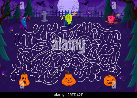 Labirinto labirinto per bambini aiuta il mago delle bacche dei cartoni animati di Halloween a trovare una lanterna di zucca per le vacanze nel cimitero. Gioco da tavolo vettoriale con caprifoglio, uva e r Illustrazione Vettoriale