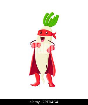 Cartone animato allegro personaggio supereroe vegetale di radish. Mascotte comica vettoriale isolata, guerriera forte o difensore. Supereroe del ravanello Illustrazione Vettoriale