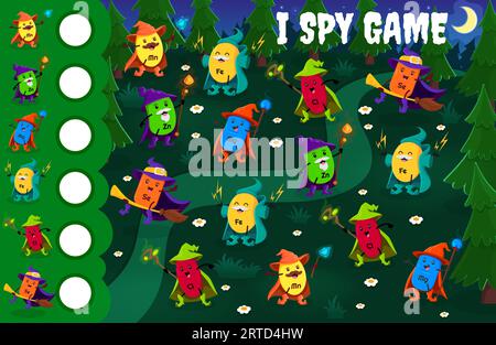 Foglio di lavoro del gioco di spionaggio. Maghi e stregoni da cartoni animati minerali e micronutrienti nella foresta di Halloween. Enigma vettoriale bambini quanti Mn, Zn, mg, Fe, Cl e. Illustrazione Vettoriale