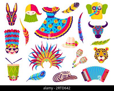 Oggetti per le vacanze del carnevale Barranquilla per feste folcloristiche. Costumi vettoriali tradizionali, piume, corona, abito, cappelli, maschere animali, maraca Illustrazione Vettoriale