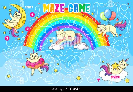 Labirinto labirinto. Aiuta il gatto del caticorno a trovare amici, quiz di gioco per bambini. Cartoni animati divertenti unicorno gattino puzzle vettoriale con labirinto Illustrazione Vettoriale