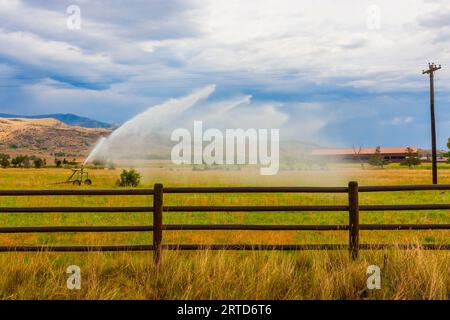 Luce prima di una tempesta sulle fattorie del Montana sudoccidentale con la catena montuosa della Gallatina e la foresta nazionale in lontananza. Grano e allevamento di fieno. Foto Stock