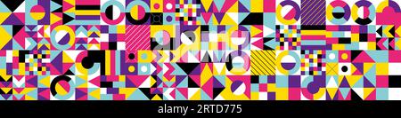 Banner orizzontale griglia bauhaus geometrica astratta. Grafica con combinazione di forme semplici. Motivo Memphis senza cuciture. Sfondo grafico retrò moderno e trendy. Stampa d'arte postmoderna d'epoca con design vettoriale Illustrazione Vettoriale