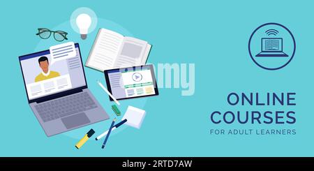 Apprendimento online: Corso online su laptop e materiale didattico; e-learning e concetto di apprendimento per adulti Illustrazione Vettoriale