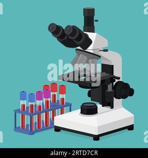 Microscopio e campioni di sangue in un rack di fiale per isolati, concetto di diagnosi e ricerca Illustrazione Vettoriale