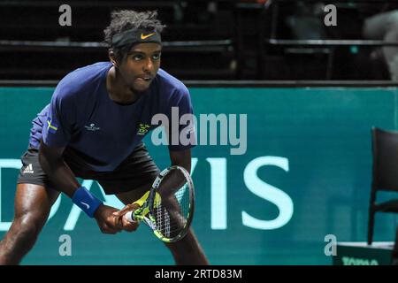 Bologna, Italia. 12 settembre 2023. Elias Ymer (SWE) durante la Coppa Davis 2023 gruppo A A Bologna 12/09/23 presso l'Unipol Arena Credit: Independent Photo Agency/Alamy Live News Foto Stock