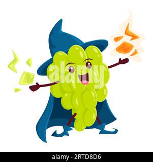 Cartoni animati Grapes Berry Wizard o personaggio mago. Personaggio dell'uva vettoriale magico che fa incantesimo con palle di fuoco luccicanti nelle mani. Divertente stregone sorridente juic Illustrazione Vettoriale