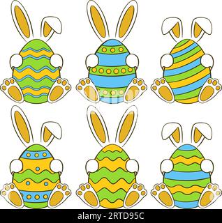 Set di uova di Pasqua colorate con coniglietti Illustrazione Vettoriale