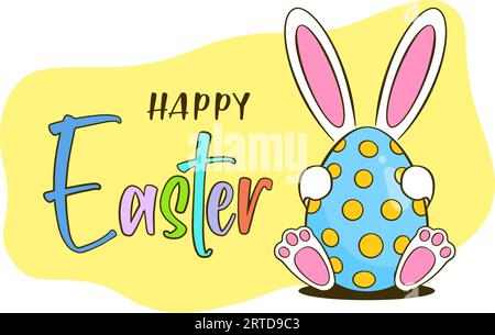 Concetto di biglietto di auguri di Pasqua. Uovo di Pasqua colorato con coniglio. Scritta colorata felice Pasqua Illustrazione Vettoriale
