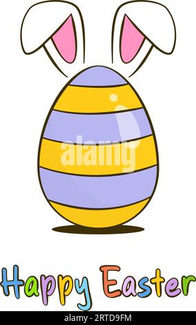 Scritta colorata felice Pasqua con uovo di Pasqua e orecchie coniglietto. Cartone animato Illustrazione Vettoriale