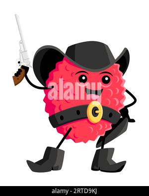 Personaggio dei cortometraggi lychee bandito o rapinatore. Cowboy vettoriale, ranger o bandit Tropical Fruit, eroe selvaggio del West in cappello, stivali e fondina sulla cintura. Personalità occidentale del cibo sano, vitamina del cavaliere di lichi Illustrazione Vettoriale