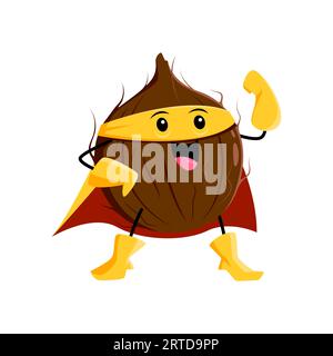 Personaggio dei supereroi Cartoon noce di cocco che posa in costume. Supereroe di frutta tropicale o noce divertente mascotte, eroe isolato di cocco o simpatico difensore, guerriero del cibo sano personaggio vettoriale comico Illustrazione Vettoriale