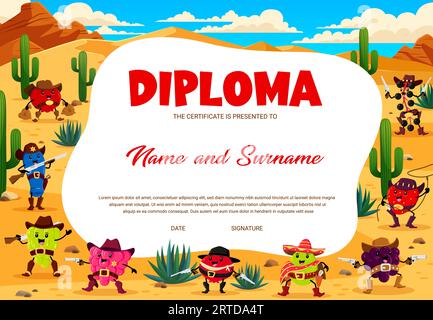 Diploma per bambini WESTERN, cowboy di bacche di cartoni animati, sceriffo, ranger e personaggi dei banditi. Certificato vettoriale didattico con mirtillo, mirtillo, uva e fragola. Lampone, mora, uva spina Illustrazione Vettoriale