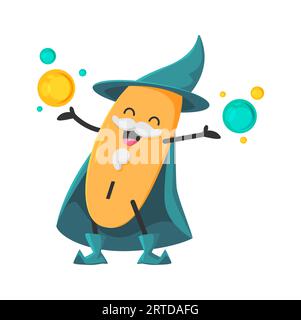 Personaggio mago del micronutriente minerale dello iodio cartoni animati. Il personaggio della capsula Warlock Vector i isolato indossa un cappello da strega che tiene le palle magiche in mano. Allegro integratore alimentare wiz, nutriente o elemento bolla mago Illustrazione Vettoriale