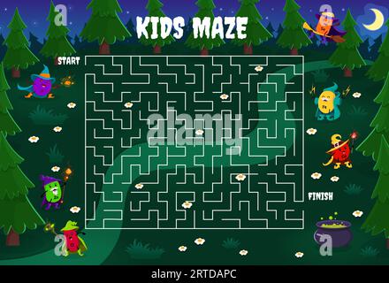 Labirinto di gioco. Aiuta i maghi minerali e micronutrienti dei cartoni animati a trovare una pozione magica. Foglio di lavoro del gioco vettoriale per bambini con P, Zn, Cl, se, Fe e CA bolle i personaggi di Halloween sul percorso aggrovigliato Illustrazione Vettoriale