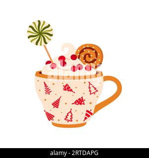 Tazza natalizia con panna montata, caramelle su bastoncino, eggnog e biscotti. Tazza vettoriale decorata da alberi di Capodanno Illustrazione Vettoriale