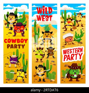 Cowboy western, sceriffo e ladro di frutta sul selvaggio West. Striscioni verticali vettoriali per feste western per bambini con mango, mela, prugne, limone e ananas, simpatici personaggi da cowboy Illustrazione Vettoriale