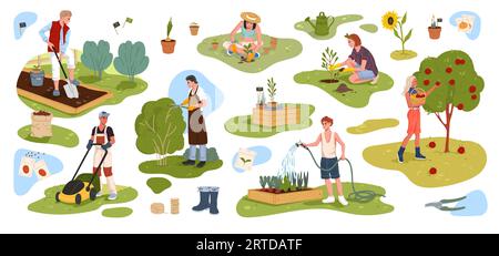 Allegri personaggi dei cartoni animati contadino, giardiniere e coltivatore. La giovane donna e l'uomo vettoriale sono persone che piantano fiori e innaffiano verdure, falciano il prato, raccolgono frutta e tagliano cespugli Illustrazione Vettoriale