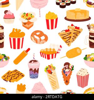 Fast food senza cuciture, pizza, hamburger e bevande, hamburger e panini, sfondo vettoriale. Fast food hot dog, pancake con caffè e sushi o dessert dolci, patatine fritte e popcorn Illustrazione Vettoriale