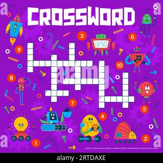 Quiz crossword. Robot cartoni animati e griglia di puzzle dei droidi, foglio di lavoro vettoriale educativo per bambini con simpatici robot giocattolo e personaggi della macchina spaziale. Androidi divertenti, intelligenti e amorevoli, cyborg veloci e forti Illustrazione Vettoriale