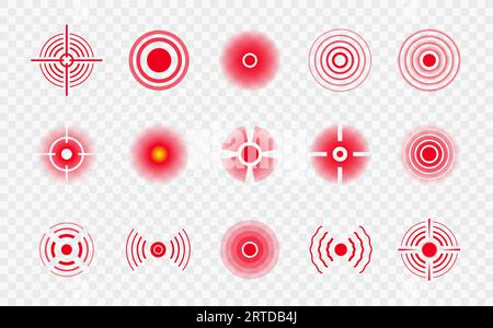 Punti deboli. Vector Sick posiziona i segni di localizzazione insieme di icone vettoriali isolate. Elementi circolari rossi con bersagli ed estensioni ondulate. Sgradevoli sensazioni fisiche di intensità variabile e dolori corporei Illustrazione Vettoriale