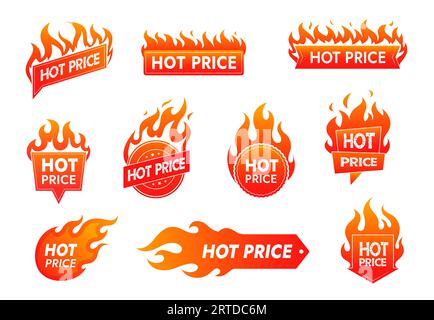 Etichette promozionali con offerte a prezzi speciali e fiamme. Distintivi vettoriali isolati o icone con lingue fiammeggianti rosse. Offerte speciali per promozioni su articoli scontati, promozioni retail o vendite in liquidazione Illustrazione Vettoriale