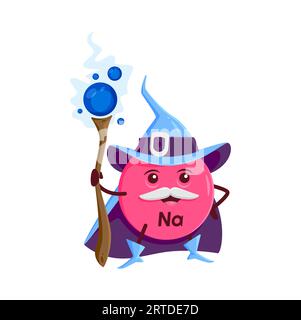 Cartoon Sodico o natrium minerale micronutriente carattere mago. Isolato Happy Vector Na Wizard Warlock nutriente capsula personage indossa un cappello da strega, personale di cape Holding. Simpatico integratore alimentare, con bolla Illustrazione Vettoriale