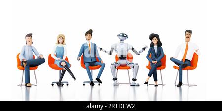 Uomini d'affari e robot che tengono una presentazione insieme. Tecnologia DI INTELLIGENZA ARTIFICIALE, persone contro robot, persone che lavorano insieme con il rendering 3D concettuale dei robot Foto Stock